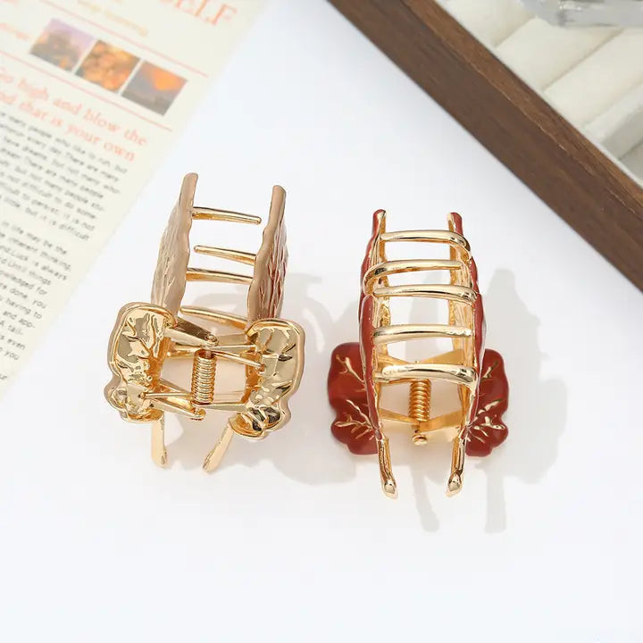 Autumn Maple Leaf Metal Hair Claws with Gold Accents
