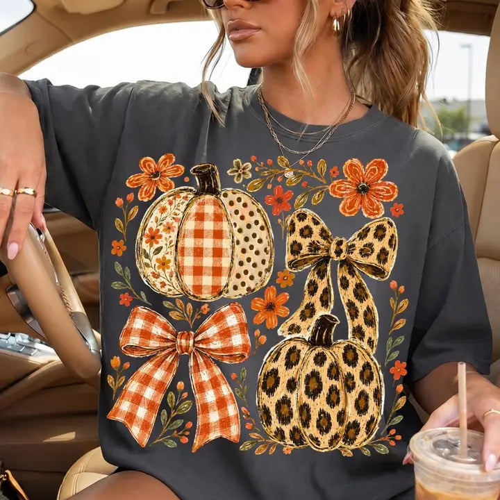Fall Pumpkin Coquette Bow Shirt,Coquette Floral Autumn Shirt