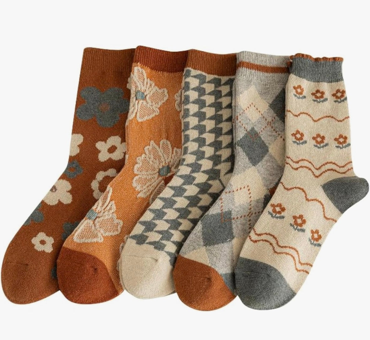 Wool Socks for Women Thick Knit Vintage Cute Floral Crew Socks 5 pairs